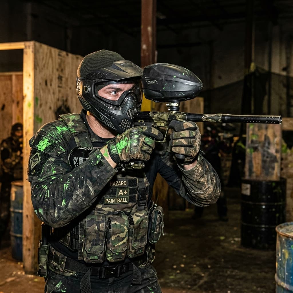 Paintball player aiming marker in tactical gear