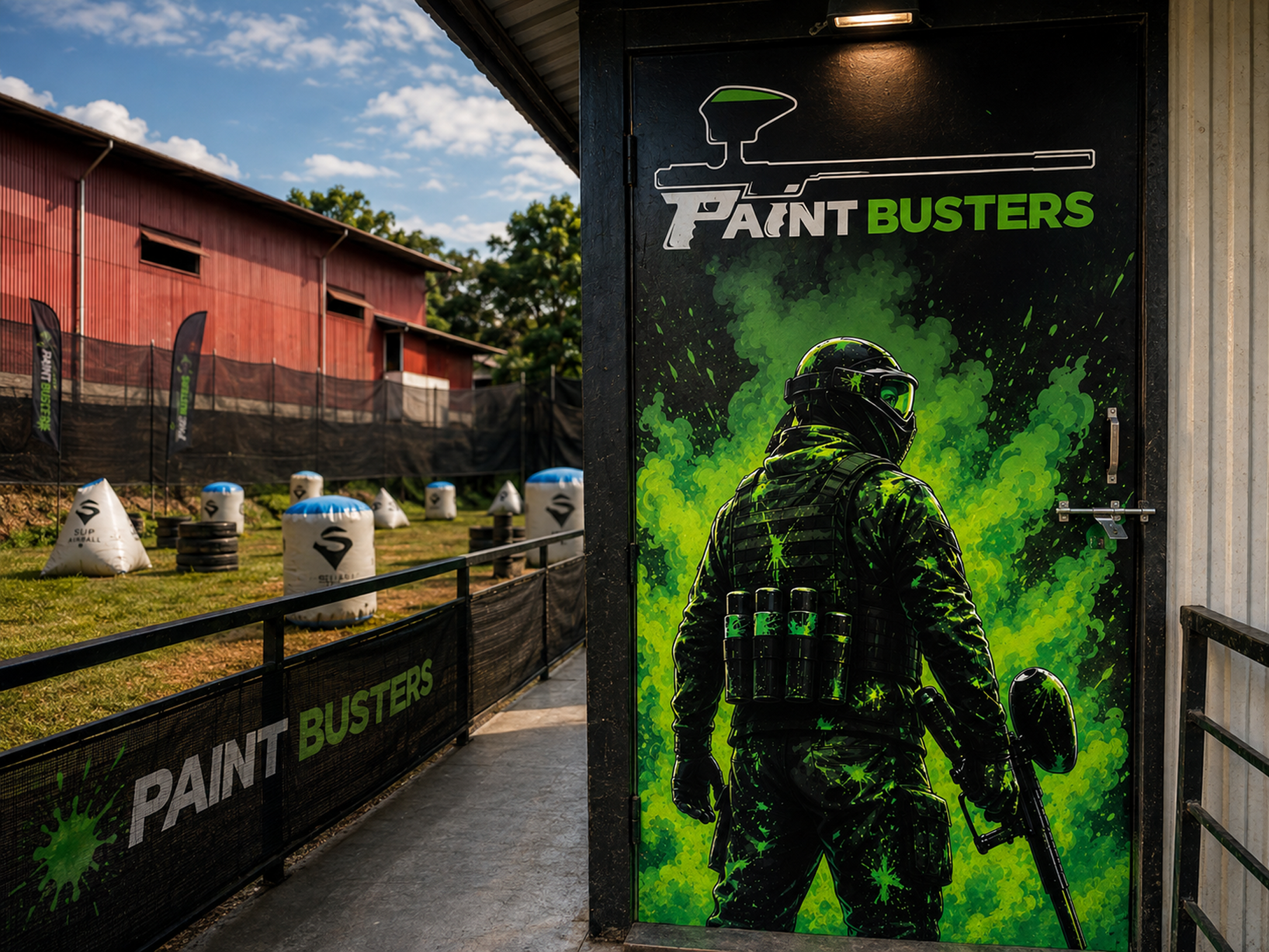 Aerial view of indoor paintball arena
